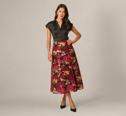 Cap Sleeve Taffeta Floral Jacquard Combo Dress - Black Pink Multi | Adrianna Papell