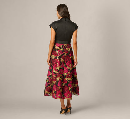 Cap Sleeve Taffeta Floral Jacquard Combo Dress - Black Pink Multi | Adrianna Papell