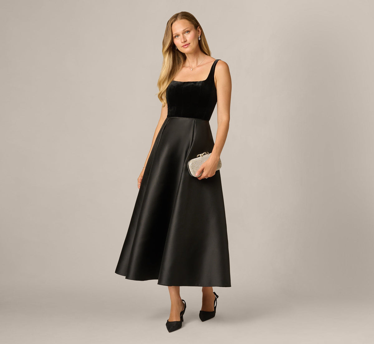 Square Neck Velvet Mikado Ankle Length Combo Dress - Black | Adrianna Papell