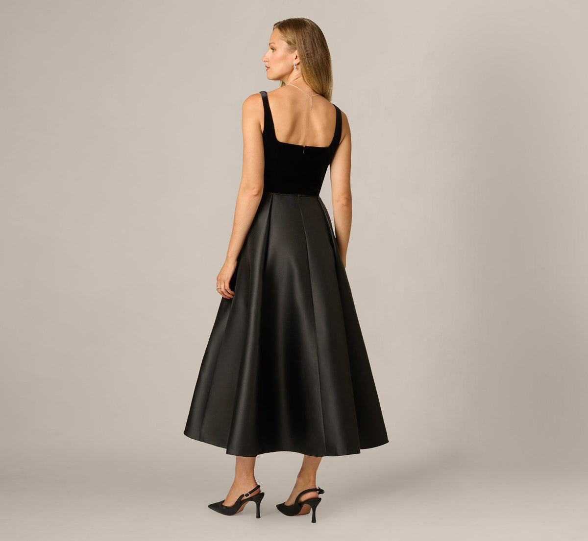 Square Neck Velvet Mikado Ankle Length Combo Dress - Black | Adrianna Papell