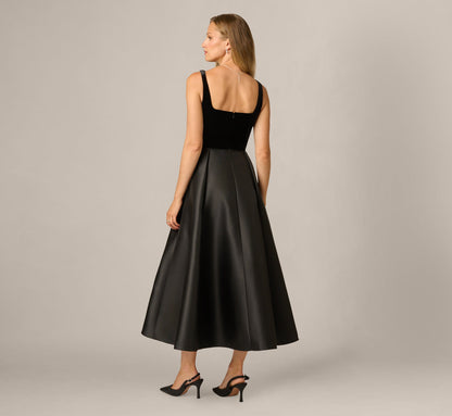 Square Neck Velvet Mikado Ankle Length Combo Dress - Black | Adrianna Papell