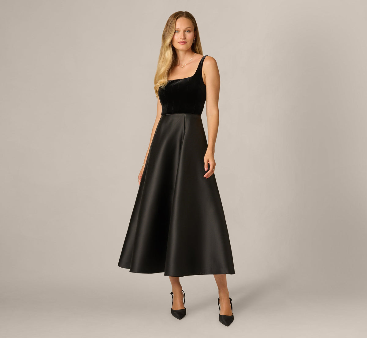 Square Neck Velvet Mikado Ankle Length Combo Dress - Black | Adrianna Papell
