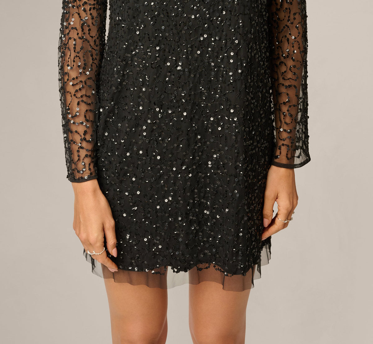 Long Sleeve Sequin Beaded Shift Cocktail Dress - Black Gold | Adrianna Papell