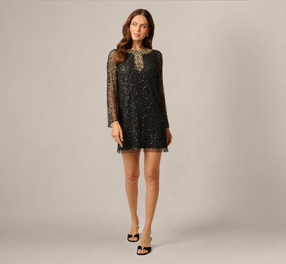 Long Sleeve Sequin Beaded Shift Cocktail Dress - Black Gold | Adrianna Papell