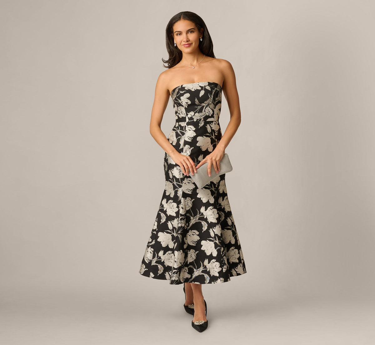 Strapless Floral Jacquard Ankle Length Trumpet Dress - Black Ivory | Adrianna Papell