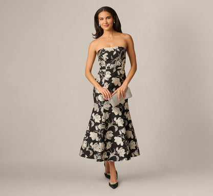 Strapless Floral Jacquard Ankle Length Trumpet Dress - Black Ivory | Adrianna Papell