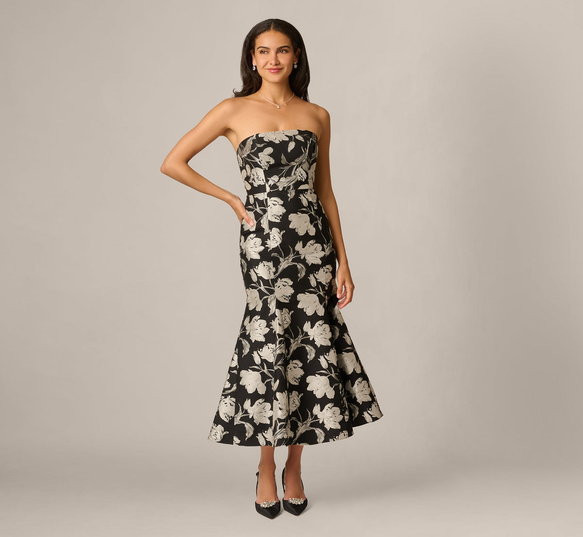 Strapless Floral Jacquard Ankle Length Trumpet Dress - Black Ivory | Adrianna Papell
