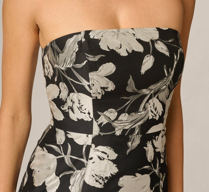 Strapless Floral Jacquard Ankle Length Trumpet Dress - Black Ivory | Adrianna Papell