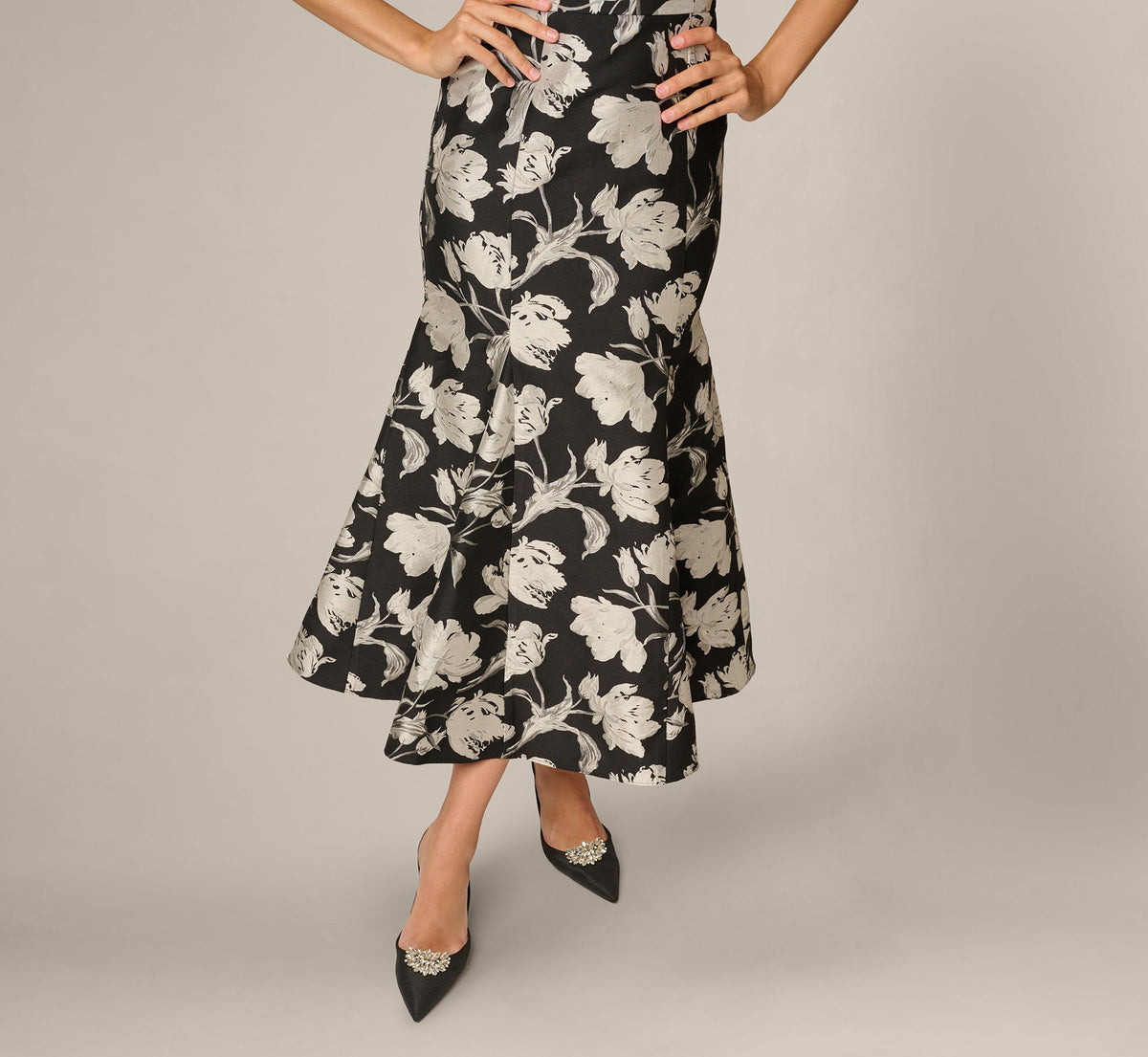 Strapless Floral Jacquard Ankle Length Trumpet Dress - Black Ivory | Adrianna Papell
