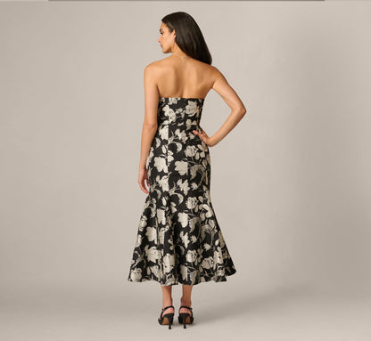 Strapless Floral Jacquard Ankle Length Trumpet Dress - Black Ivory | Adrianna Papell