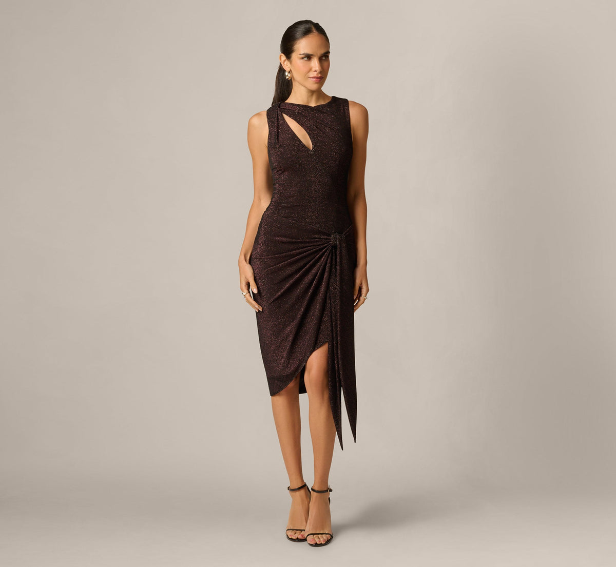 Stretch Shimmer Knit Asymmetrical Keyhole Cocktail Dress - Chocolate | Adrianna Papell