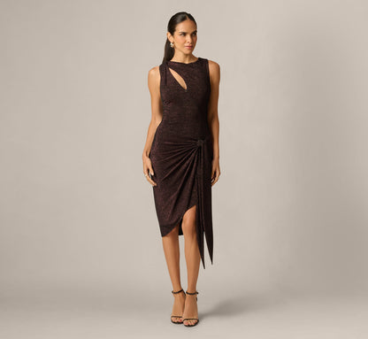 Stretch Shimmer Knit Asymmetrical Keyhole Cocktail Dress - Chocolate | Adrianna Papell