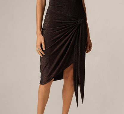 Stretch Shimmer Knit Asymmetrical Keyhole Cocktail Dress - Chocolate | Adrianna Papell