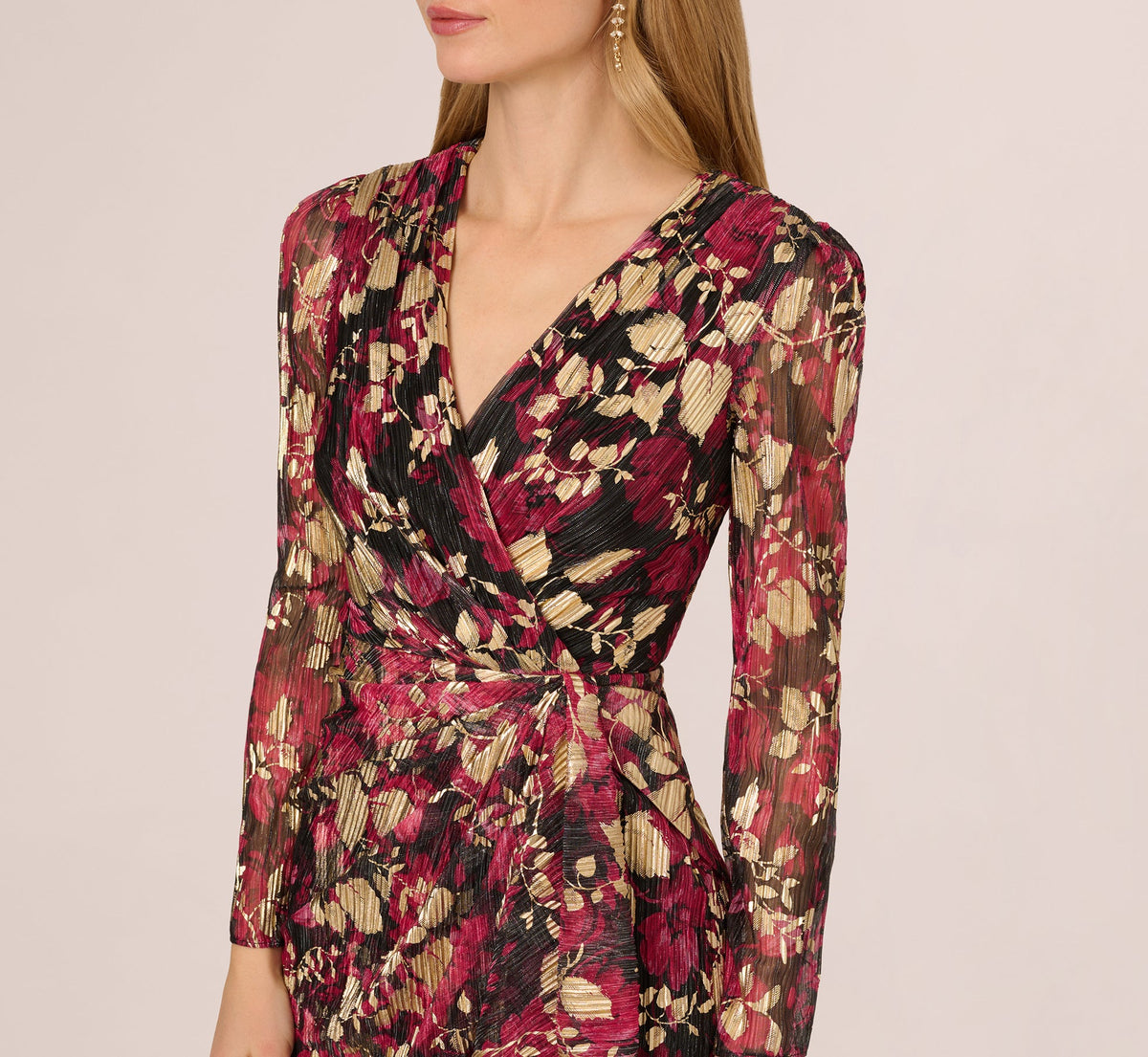 Crinkle Foil Wrap Dress - Fuchsia Gold | Adrianna Papell