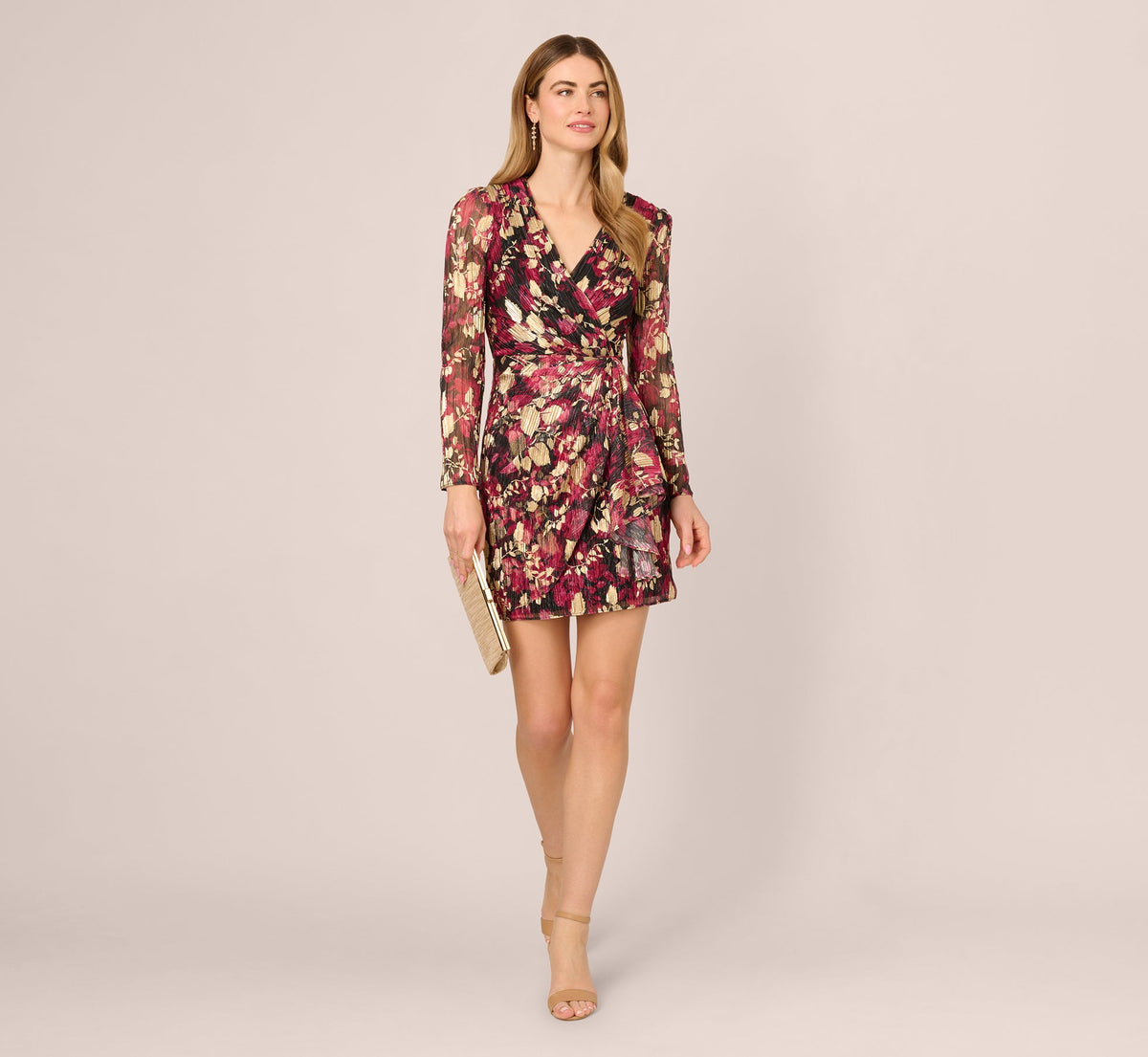 Crinkle Foil Wrap Dress - Fuchsia Gold | Adrianna Papell
