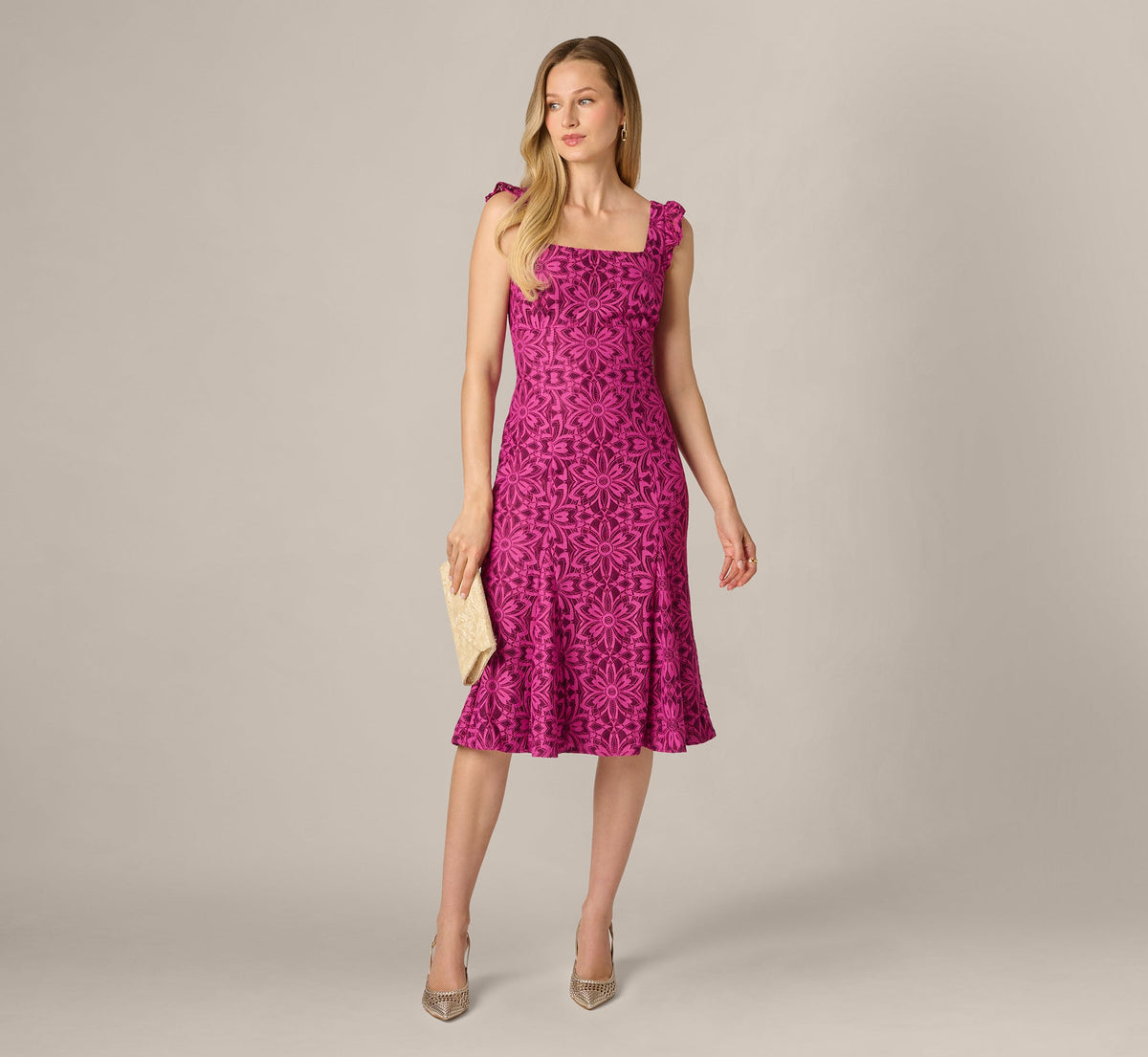 Floral Geometric Lace Midi Dress - Berry Multi | Adrianna Papell