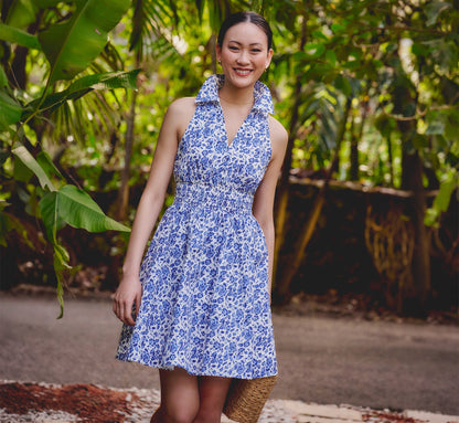 Floral Smocked Waist Short Dress - Ivory Blue Multi | Adrianna Papell