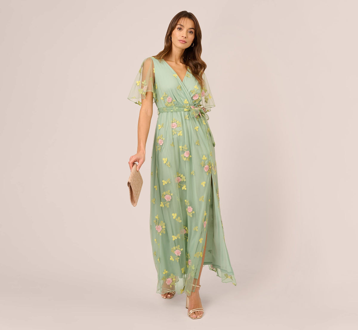Floral Embroidered Maxi Dress With Sheer Flutter Sleeves - Sage Multi | Adrianna Papell