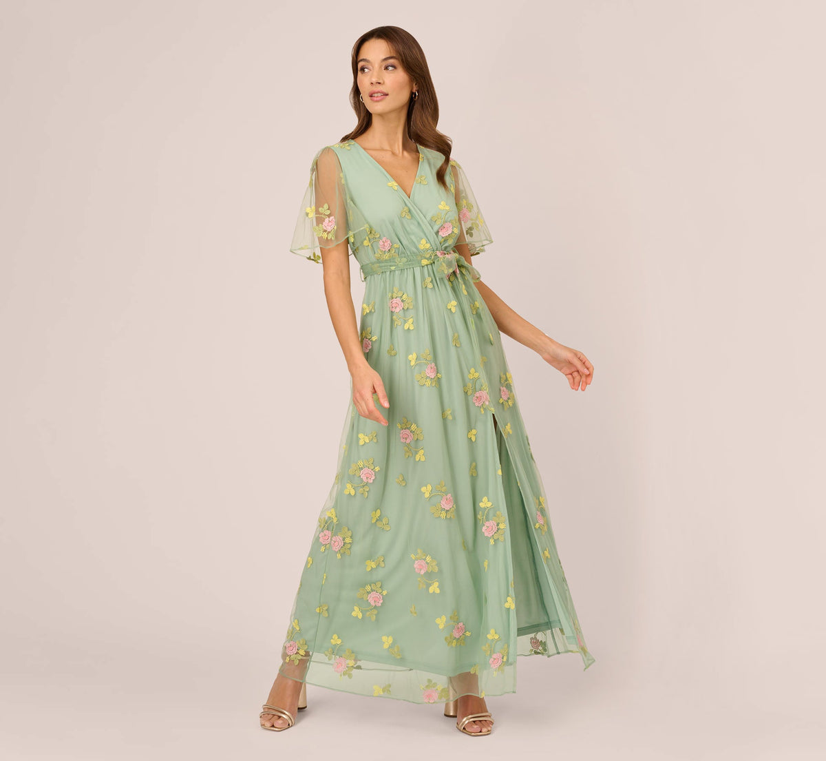 Floral Embroidered Maxi Dress With Sheer Flutter Sleeves - Sage Multi | Adrianna Papell