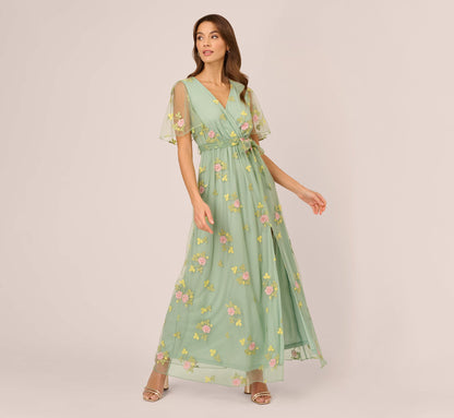Floral Embroidered Maxi Dress With Sheer Flutter Sleeves - Sage Multi | Adrianna Papell