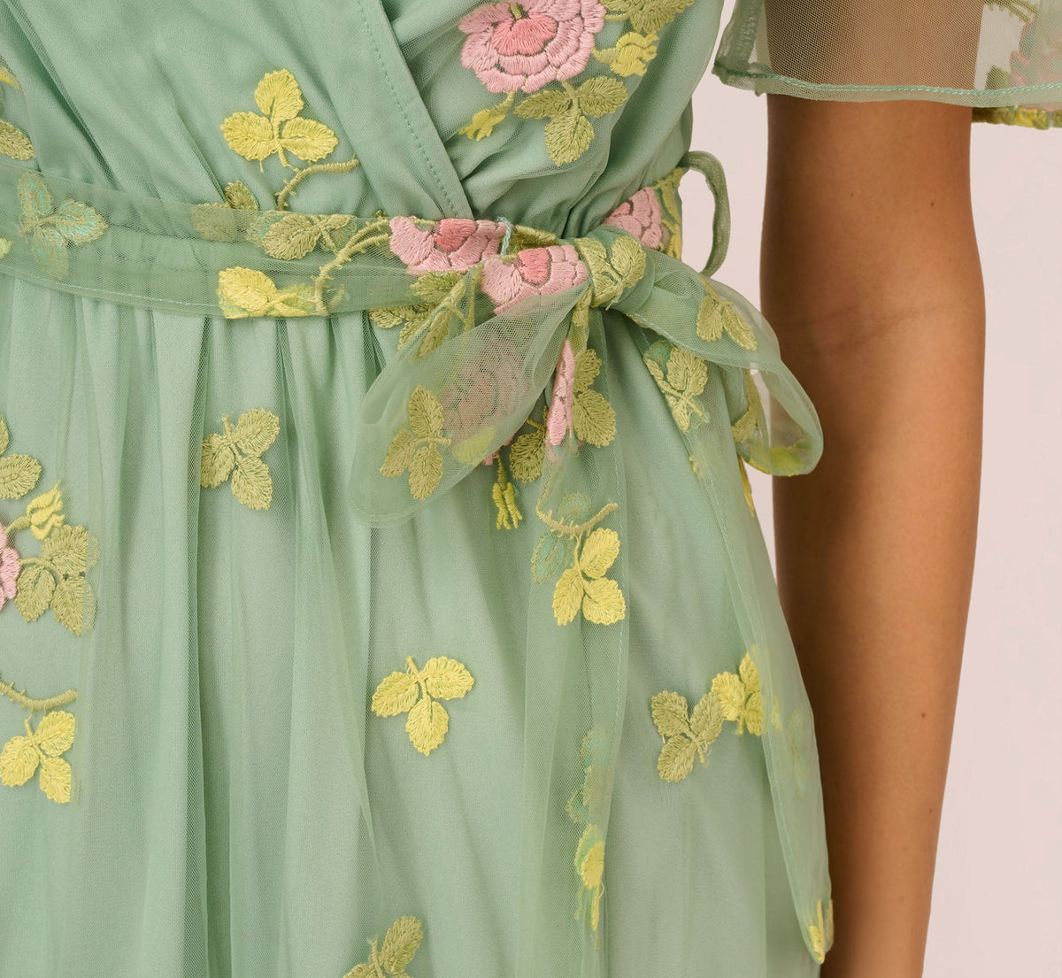 Floral Embroidered Maxi Dress With Sheer Flutter Sleeves - Sage Multi | Adrianna Papell