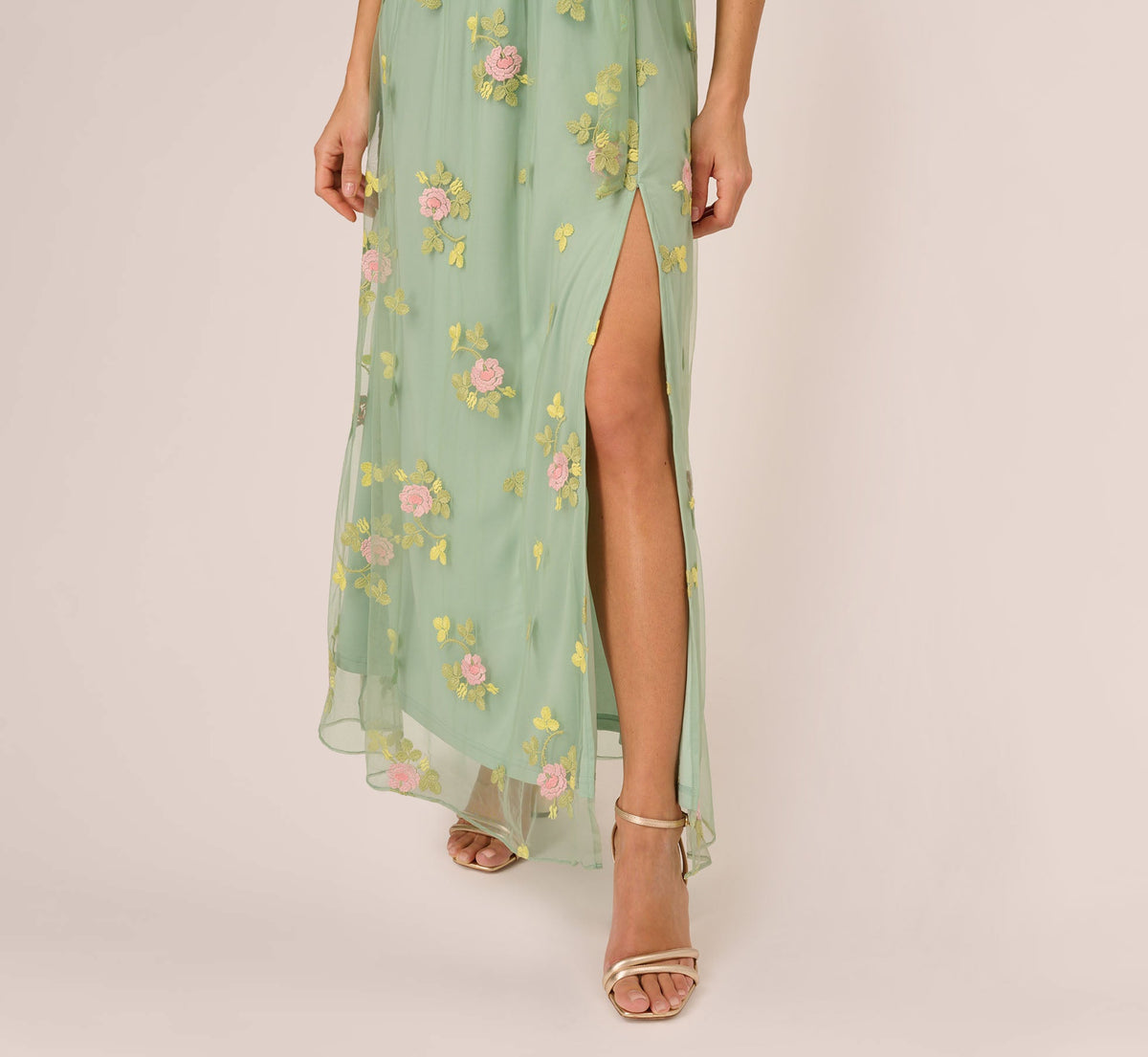 Floral Embroidered Maxi Dress With Sheer Flutter Sleeves - Sage Multi | Adrianna Papell