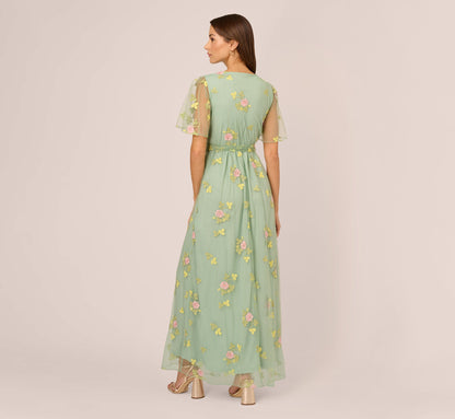 Floral Embroidered Maxi Dress With Sheer Flutter Sleeves - Sage Multi | Adrianna Papell