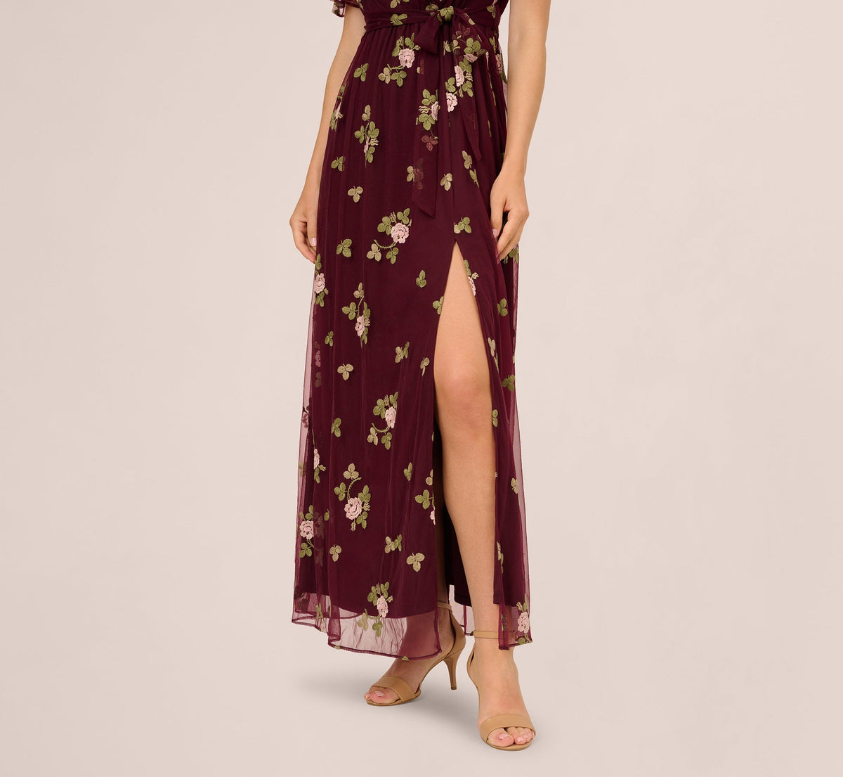 Floral Embroidered Maxi Dress With Sheer Flutter Sleeves - Burgundy Multi | Adrianna Papell