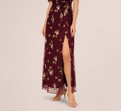 Floral Embroidered Maxi Dress With Sheer Flutter Sleeves - Burgundy Multi | Adrianna Papell