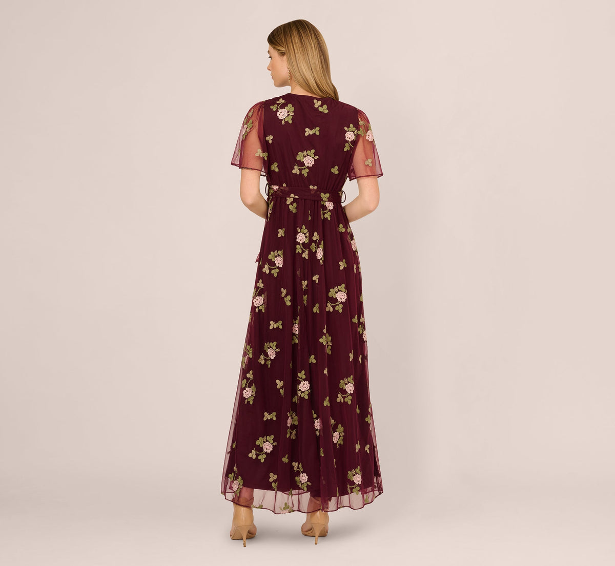 Floral Embroidered Maxi Dress With Sheer Flutter Sleeves - Burgundy Multi | Adrianna Papell