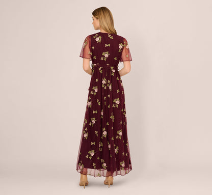 Floral Embroidered Maxi Dress With Sheer Flutter Sleeves - Burgundy Multi | Adrianna Papell