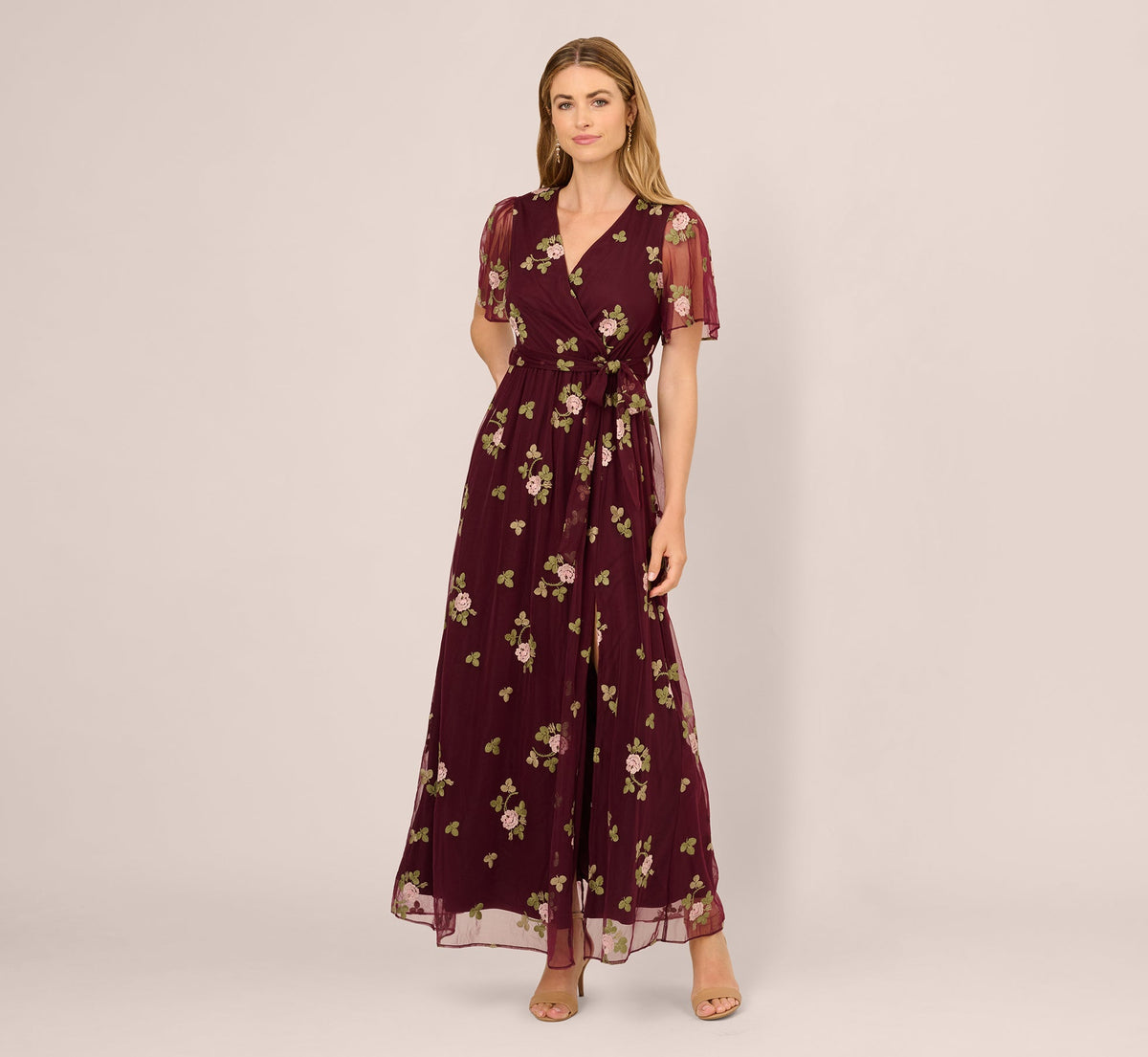 Floral Embroidered Maxi Dress With Sheer Flutter Sleeves - Burgundy Multi | Adrianna Papell