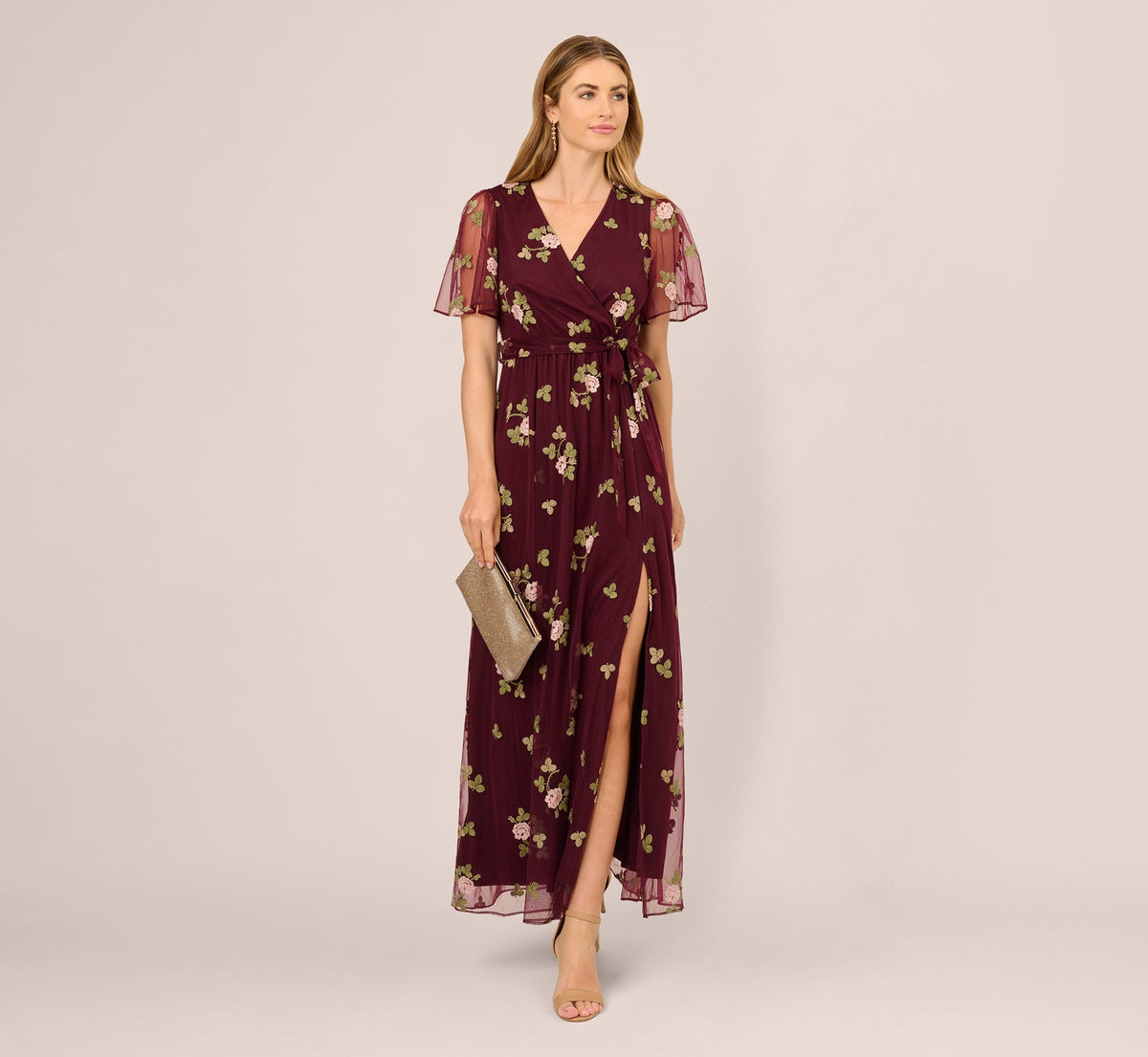 Floral Embroidered Maxi Dress With Sheer Flutter Sleeves - Burgundy Multi | Adrianna Papell