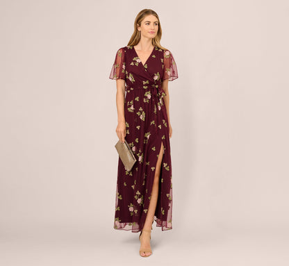 Floral Embroidered Maxi Dress With Sheer Flutter Sleeves - Burgundy Multi | Adrianna Papell
