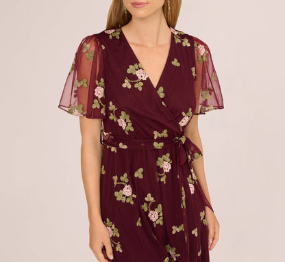 Floral Embroidered Maxi Dress With Sheer Flutter Sleeves - Burgundy Multi | Adrianna Papell