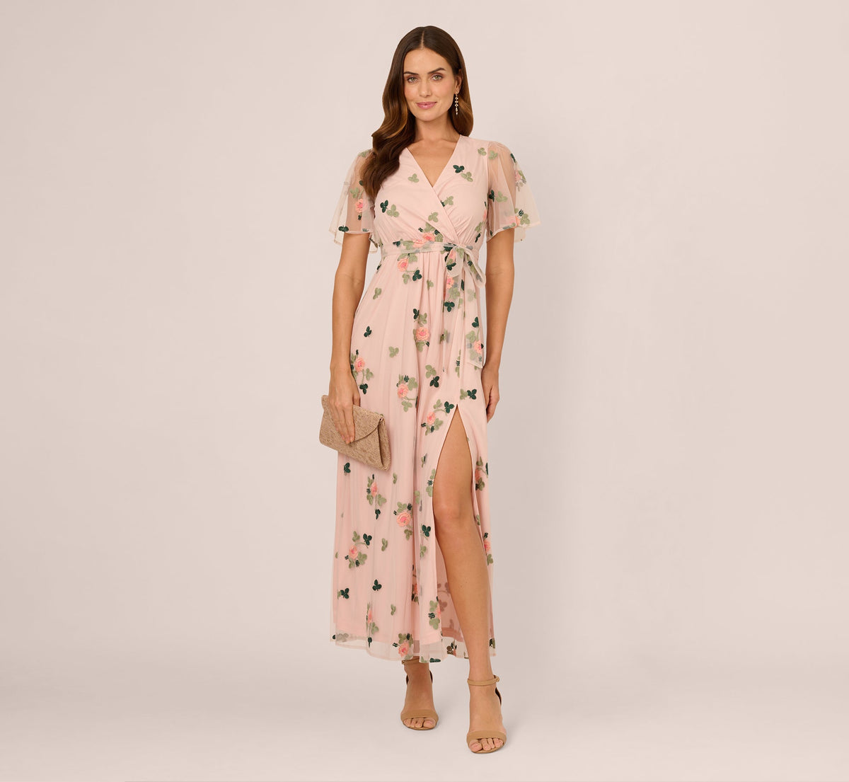 Floral Embroidered Maxi Dress With Sheer Flutter Sleeves - Blush Multi | Adrianna Papell
