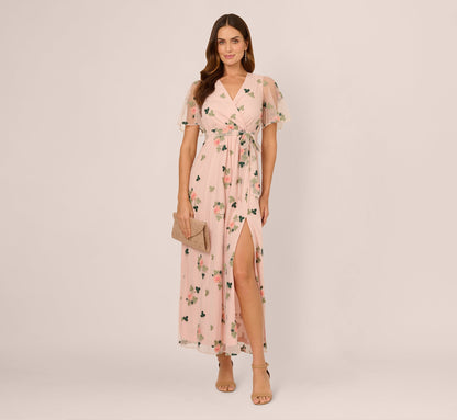 Floral Embroidered Maxi Dress With Sheer Flutter Sleeves - Blush Multi | Adrianna Papell