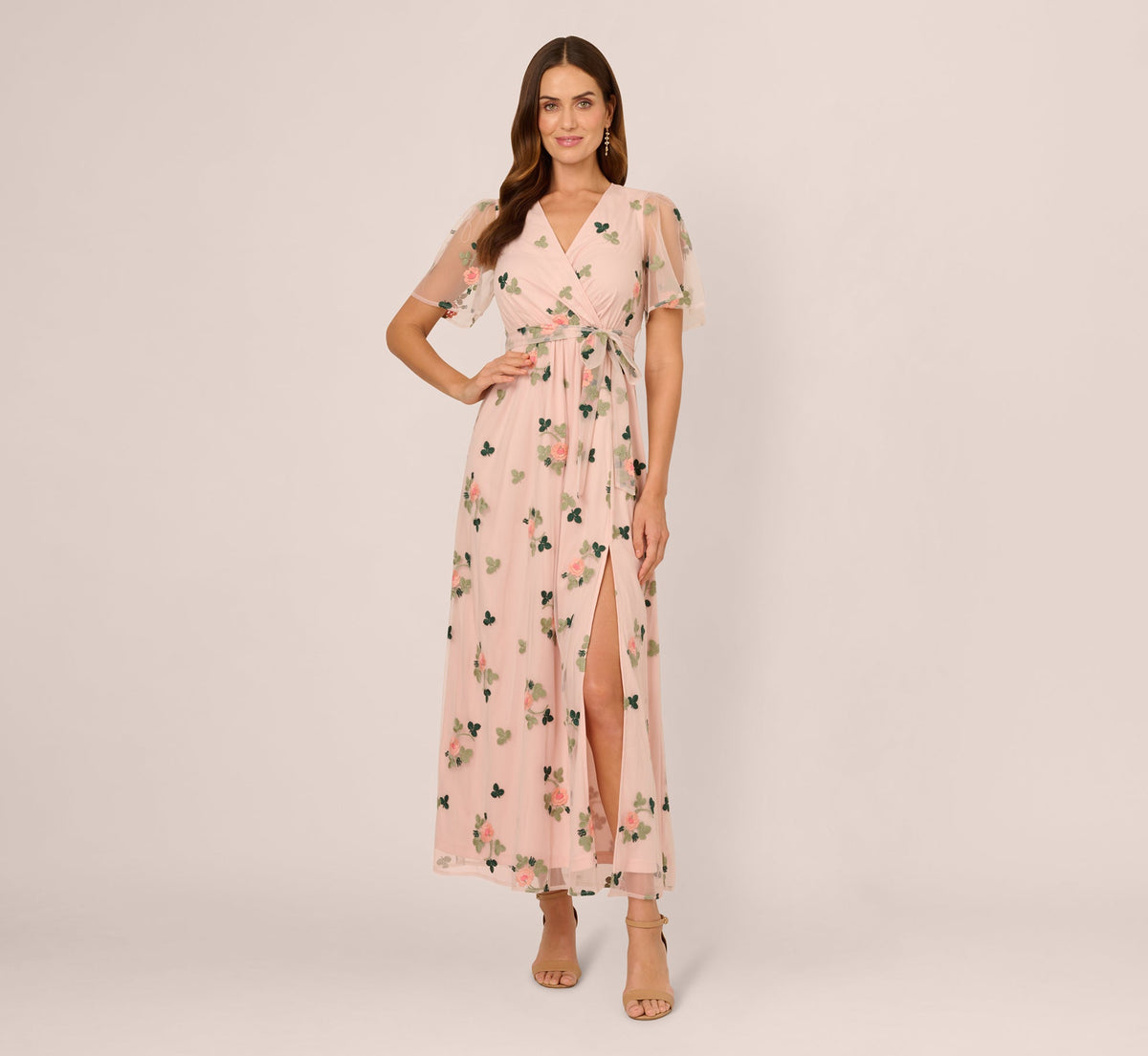 Floral Embroidered Maxi Dress With Sheer Flutter Sleeves - Blush Multi | Adrianna Papell