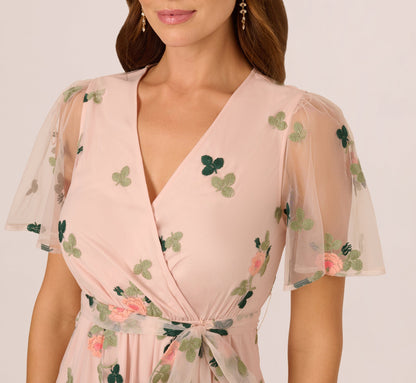 Floral Embroidered Maxi Dress With Sheer Flutter Sleeves - Blush Multi | Adrianna Papell