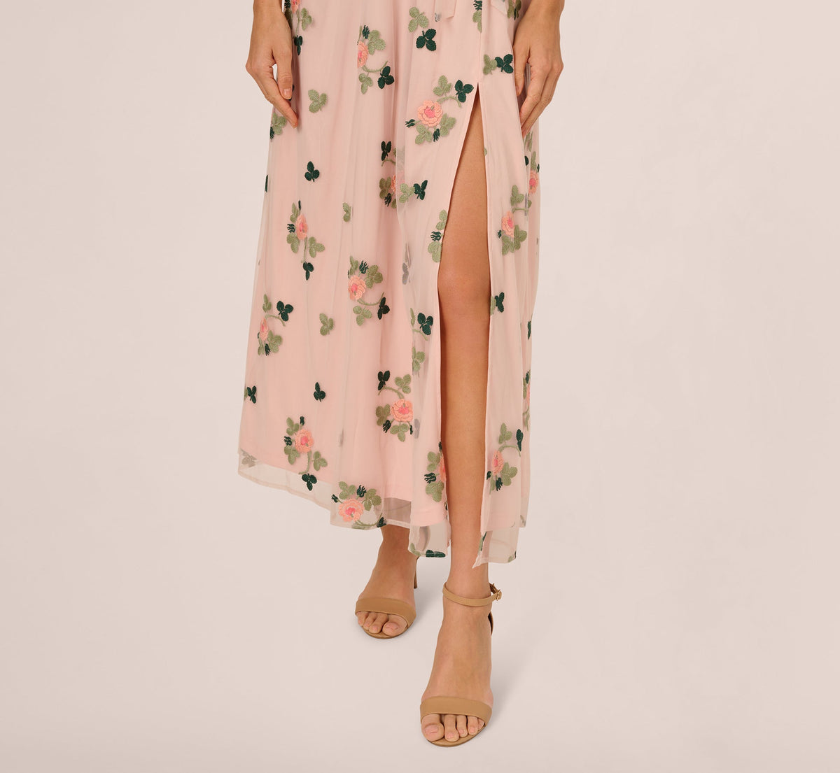 Floral Embroidered Maxi Dress With Sheer Flutter Sleeves - Blush Multi | Adrianna Papell