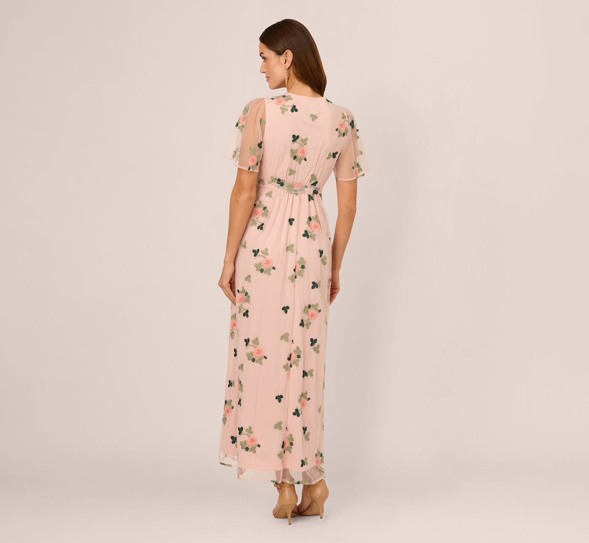 Floral Embroidered Maxi Dress With Sheer Flutter Sleeves - Blush Multi | Adrianna Papell