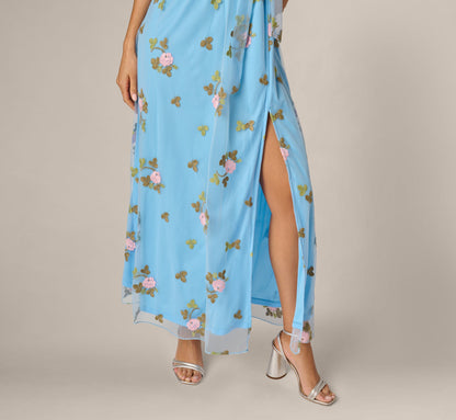 Floral Embroidered Maxi Dress With Sheer Flutter Sleeves - Light Blue Multi | Adrianna Papell