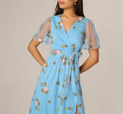 Floral Embroidered Maxi Dress With Sheer Flutter Sleeves - Light Blue Multi | Adrianna Papell