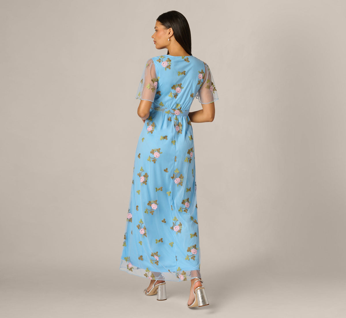 Floral Embroidered Maxi Dress With Sheer Flutter Sleeves - Light Blue Multi | Adrianna Papell