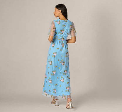 Floral Embroidered Maxi Dress With Sheer Flutter Sleeves - Light Blue Multi | Adrianna Papell