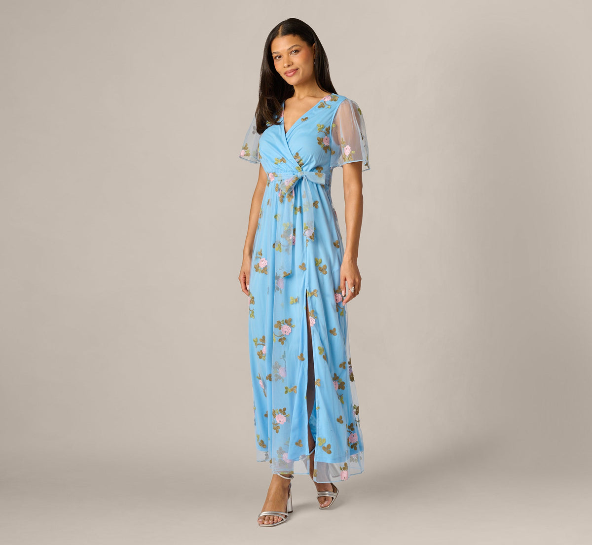 Floral Embroidered Maxi Dress With Sheer Flutter Sleeves - Light Blue Multi | Adrianna Papell