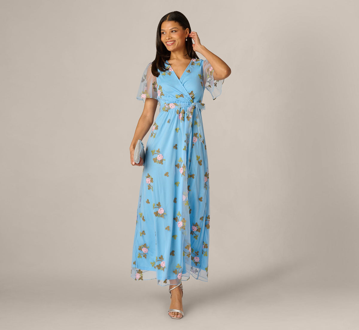 Floral Embroidered Maxi Dress With Sheer Flutter Sleeves - Light Blue Multi | Adrianna Papell