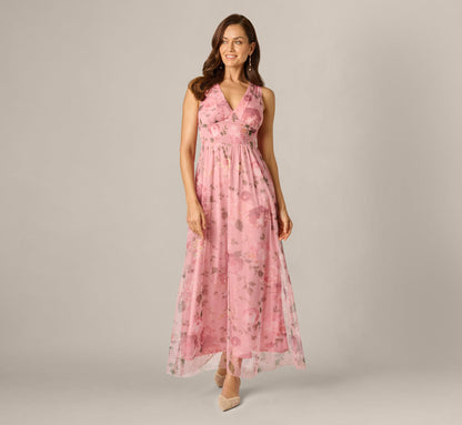 Floral Print Mesh Smocked Maxi Dress - Blush Multi | Adrianna Papell