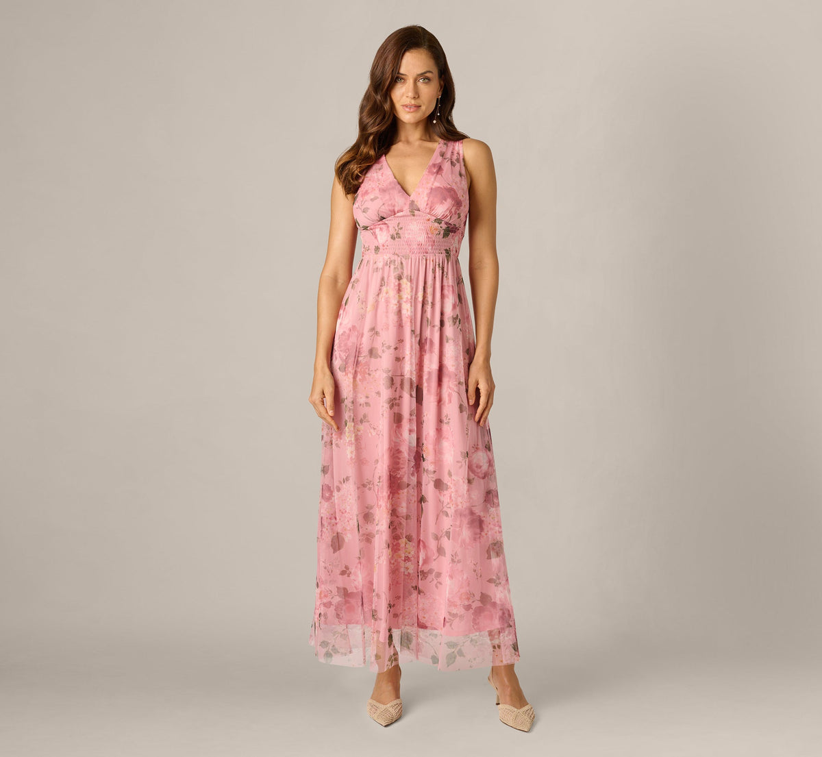 Floral Print Mesh Smocked Maxi Dress - Blush Multi | Adrianna Papell