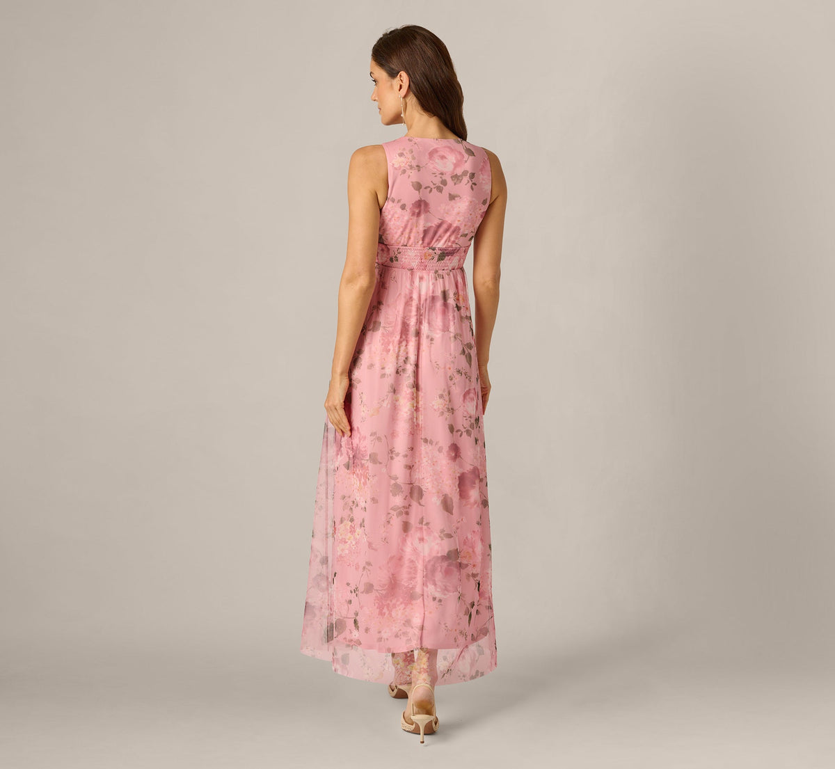 Floral Print Mesh Smocked Maxi Dress - Blush Multi | Adrianna Papell